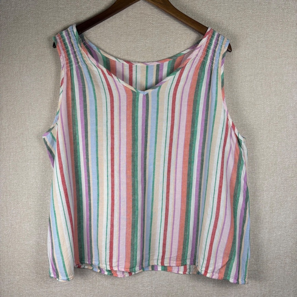 Multi Color Striped Linen Blend V-Neck Smocked Shoulders Tank Top Size XL 16-18